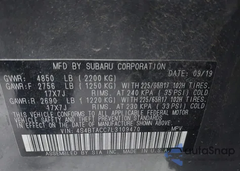 2020 Subaru Outback Premium z USA, uszkodzony, nr VIN 4S4BTACC7L3109470